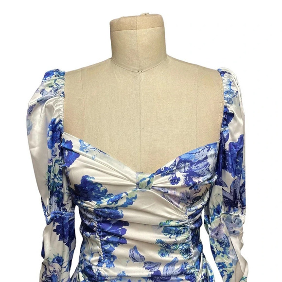 For Love & Lemons Hyacinth Drawstring Ruched Mini Dress Blue White Size XS - Picture 3 of 12